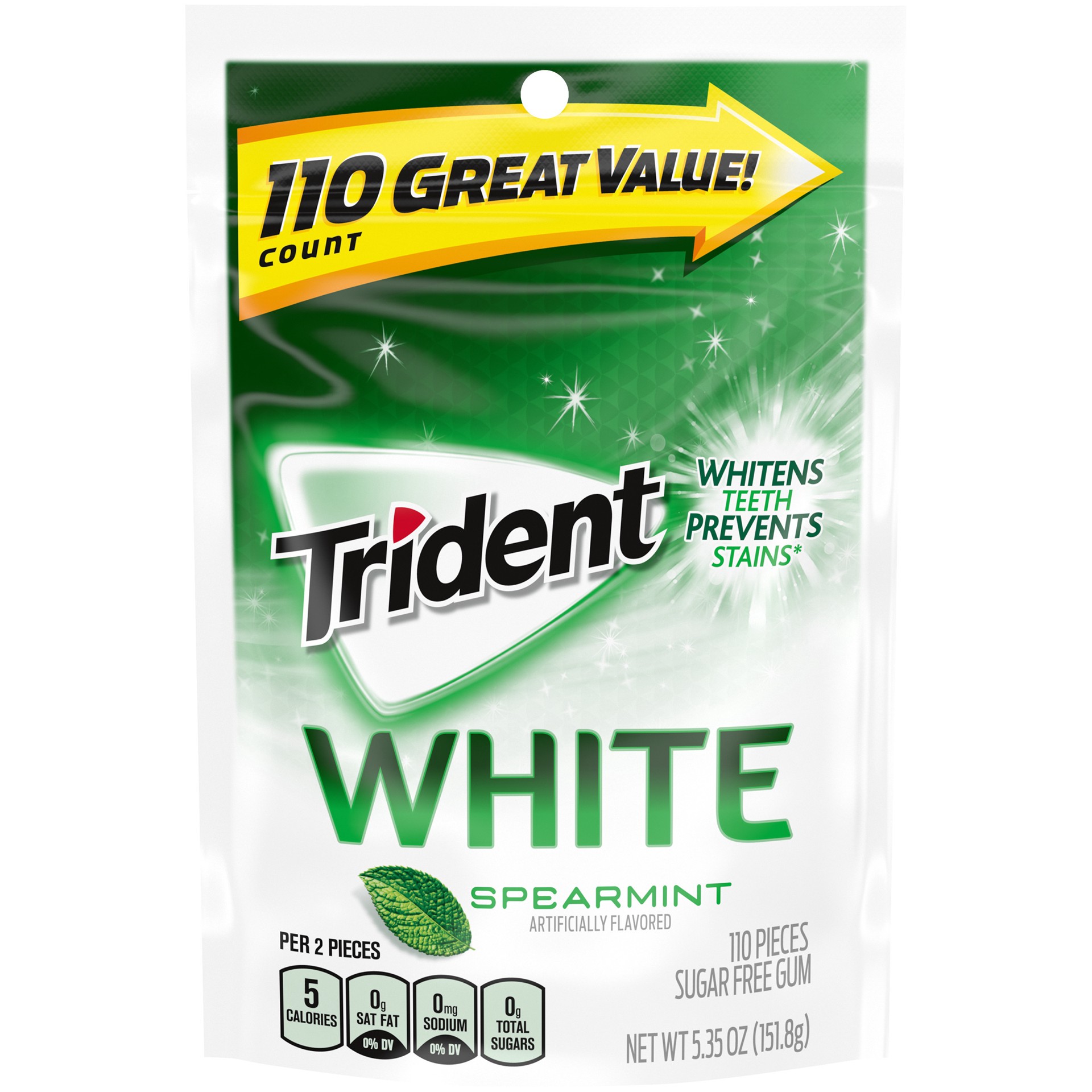 slide 1 of 5, Trident White Sugar Free Gum, Spearmint Flavor, 1 Pouches (110 Pieces Total), 110 ct