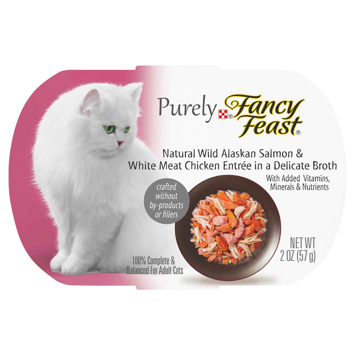 slide 1 of 9, Purina Fancy Feast Purely Salmon & White Meat Chicken In Broth, 2 oz