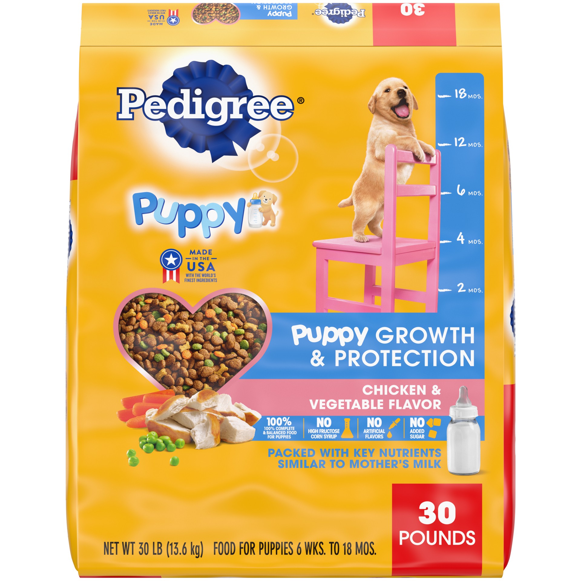 slide 1 of 7, Pedigree Puppy Growth & Protection Dry Dog Food Chicken & Vegetable Flavor, 30 lb