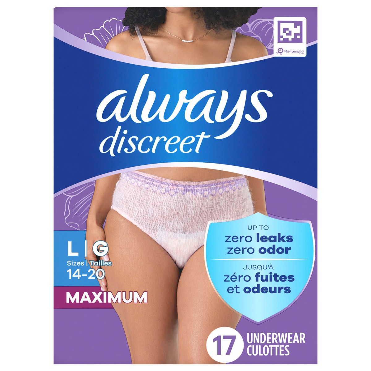 slide 1 of 5, Always Discreet Adult Incontinence Underwear for Women and Postpartum Underwear, L, Up to 100% Bladder Leak Protection, 17 CT, 17 ct