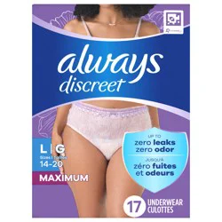 Always Discreet Adult Incontinence Underwear for Women and Postpartum Underwear, L, Up to 100% Bladder Leak Protection, 17 CT