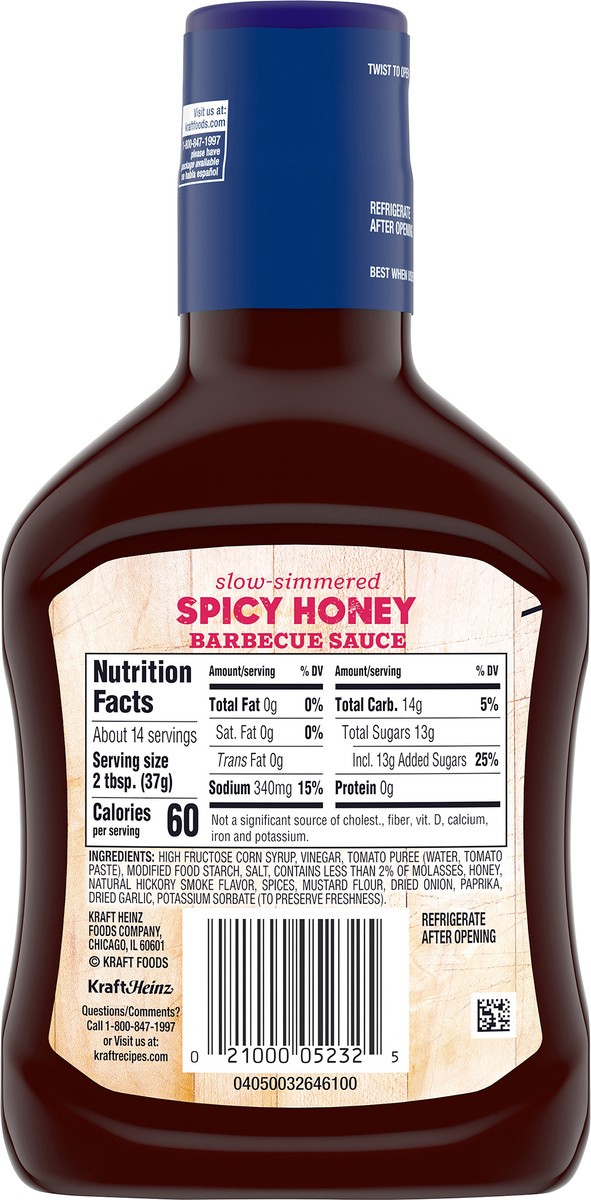 slide 5 of 9, Kraft Spicy Honey Slow-Simmered Barbecue Sauce, 18 oz Bottle, 18 oz