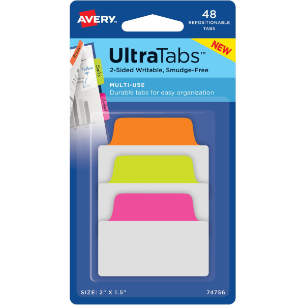 slide 1 of 1, Avery Ultratabs Repositionable Multi-Use Tabs - 24 Write-On Tab(S) - 1.50" Tab Height X 2" Tab Width - Removable - Neon Tab(S) - 48 / Pack, 1 ct