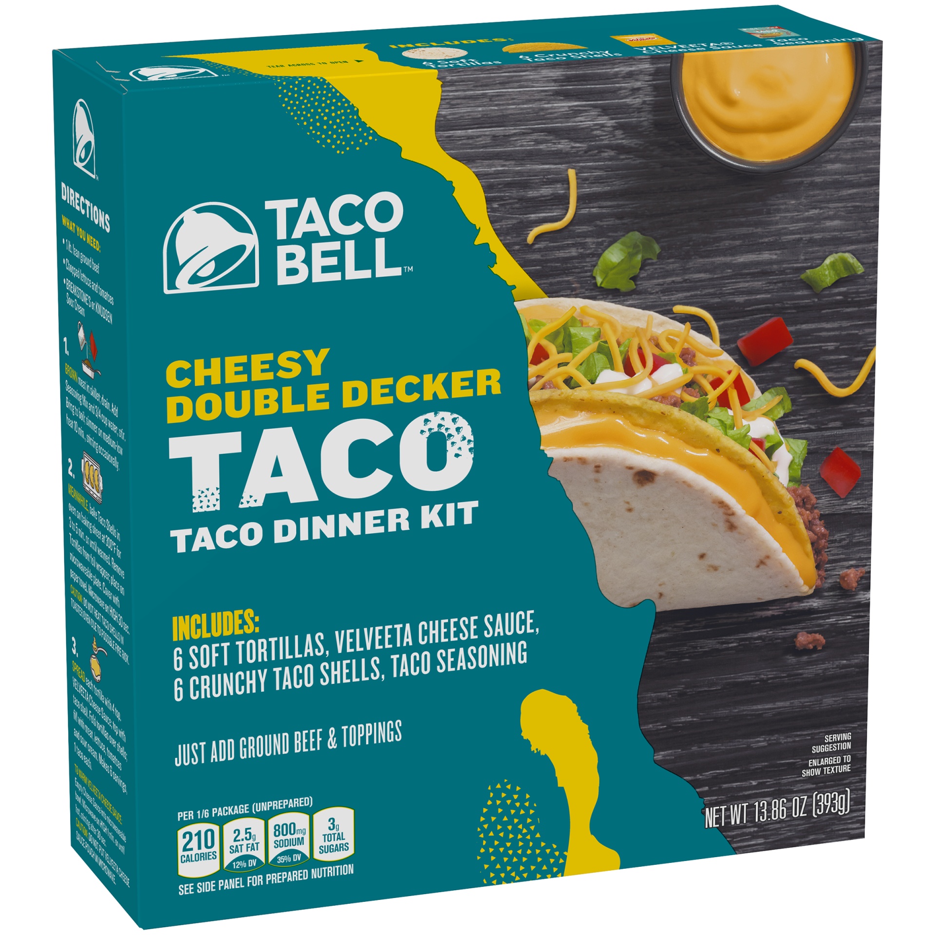 slide 3 of 7, Taco Bell Cheesy Double Decker Taco Dinner Kit with 6 Soft Tortillas, 6 Crunchy Taco Shells, Velveeta Cheese Sauce & Seasoning, 13.86 oz