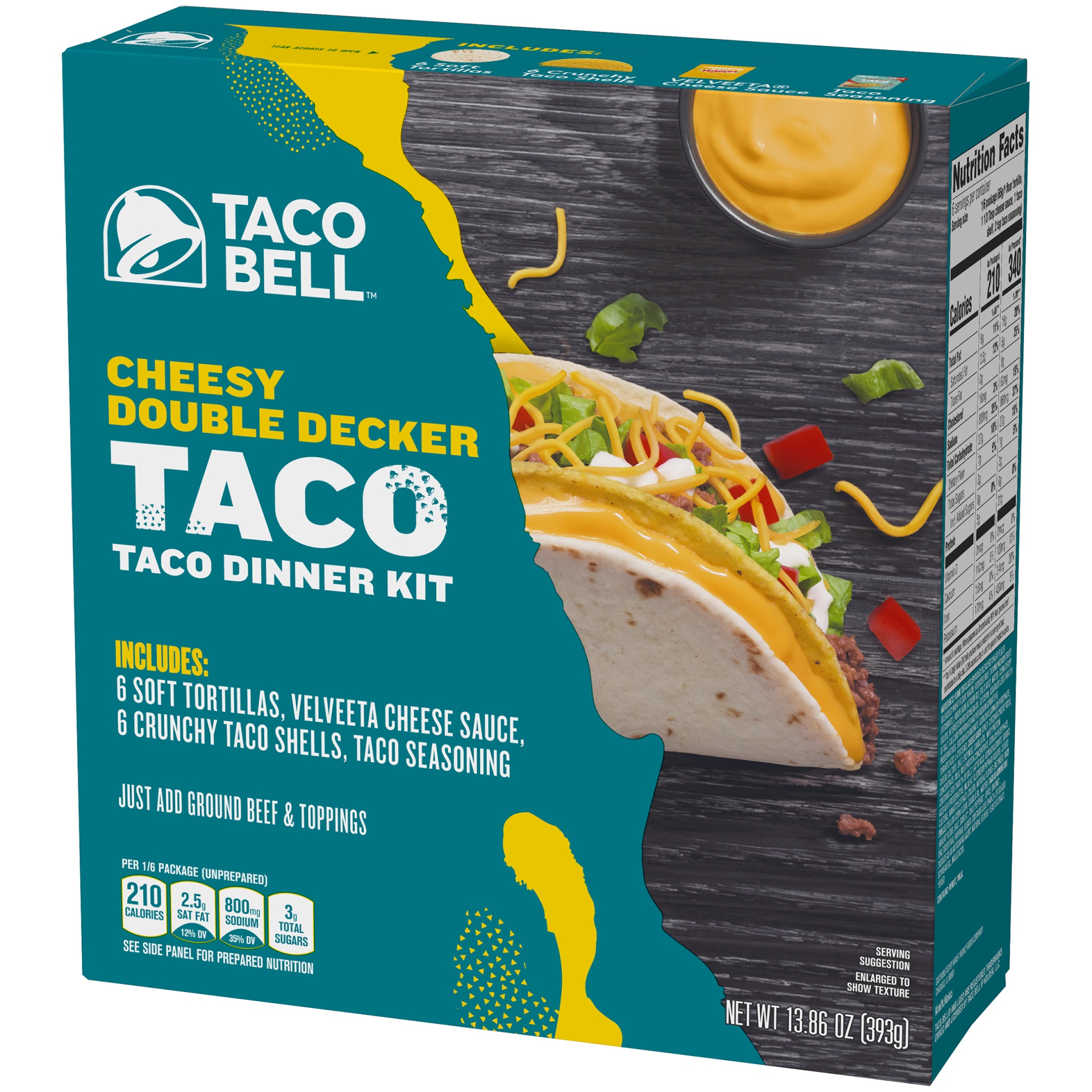 slide 4 of 7, Taco Bell Cheesy Double Decker Taco Dinner Kit with 6 Soft Tortillas, 6 Crunchy Taco Shells, Velveeta Cheese Sauce & Seasoning, 13.86 oz