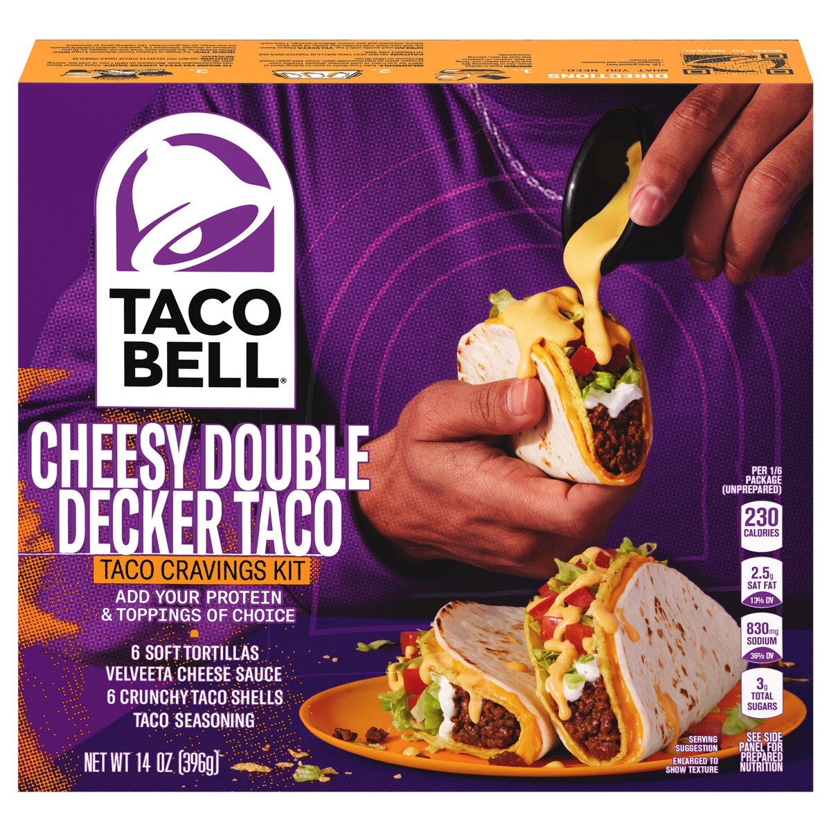 slide 1 of 6, Taco Bell Cheesy Double Decker Taco Dinner Kit with 6 Soft Tortillas, 6 Crunchy Taco Shells, Velveeta Cheese Sauce & Seasoning, 14 oz Box, 14 oz