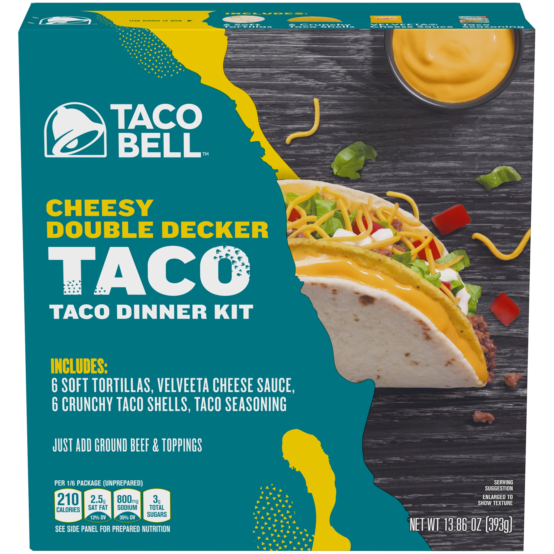 slide 1 of 7, Taco Bell Cheesy Double Decker Taco Dinner Kit with 6 Soft Tortillas, 6 Crunchy Taco Shells, Velveeta Cheese Sauce & Seasoning, 13.86 oz
