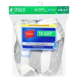 Hanes Boys' Ankle Cushion Socks, White, 12 Pairs, Size Medium