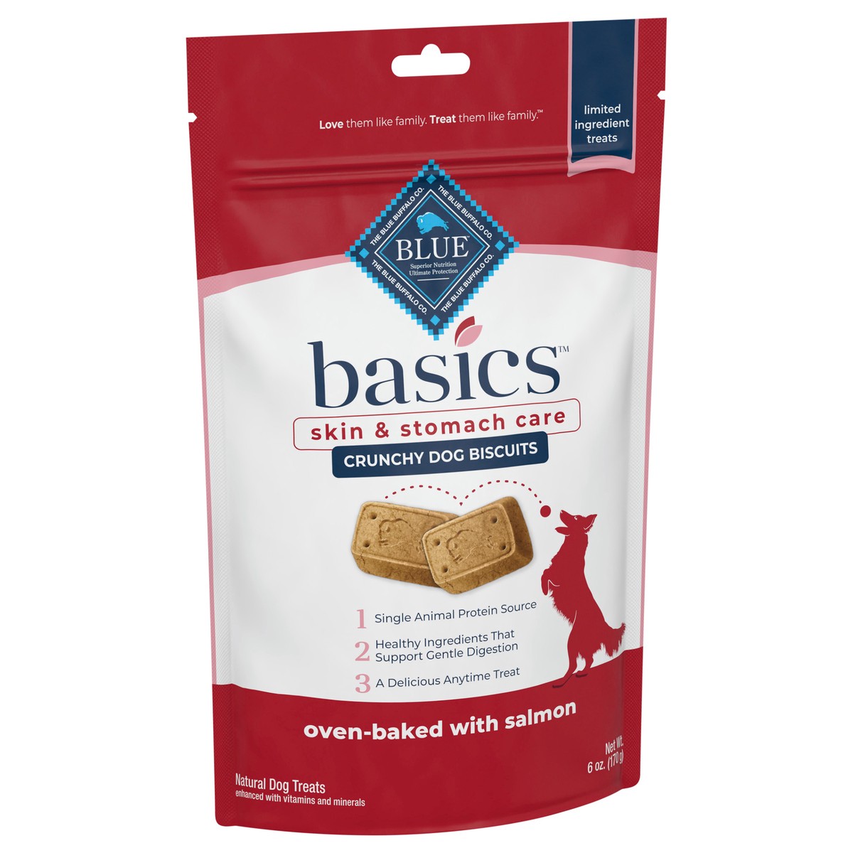 slide 8 of 9, Blue Buffalo Basics Skin & Stomach Care Biscuits Crunchy Dog Treats, Salmon & Potato 6-oz Bag, 6 oz