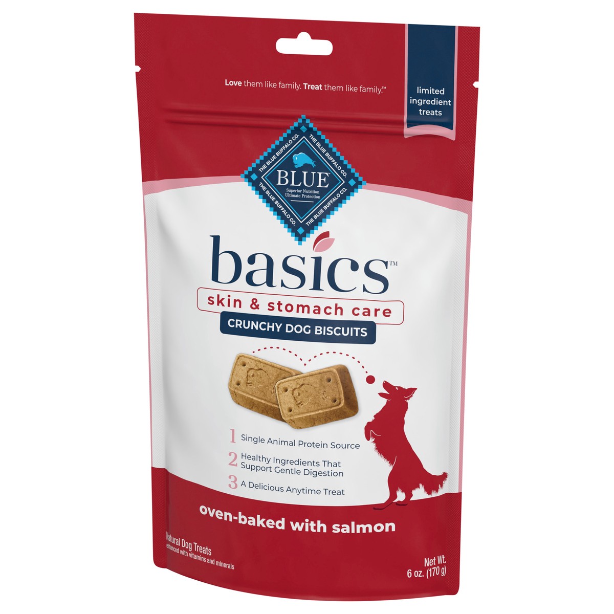 slide 2 of 9, Blue Buffalo Basics Skin & Stomach Care Biscuits Crunchy Dog Treats, Salmon & Potato 6-oz Bag, 6 oz