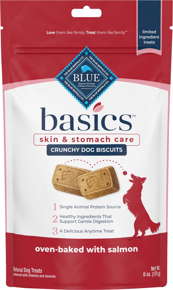 slide 1 of 9, Blue Buffalo Basics Skin & Stomach Care Biscuits Crunchy Dog Treats, Salmon & Potato 6-oz Bag, 6 oz