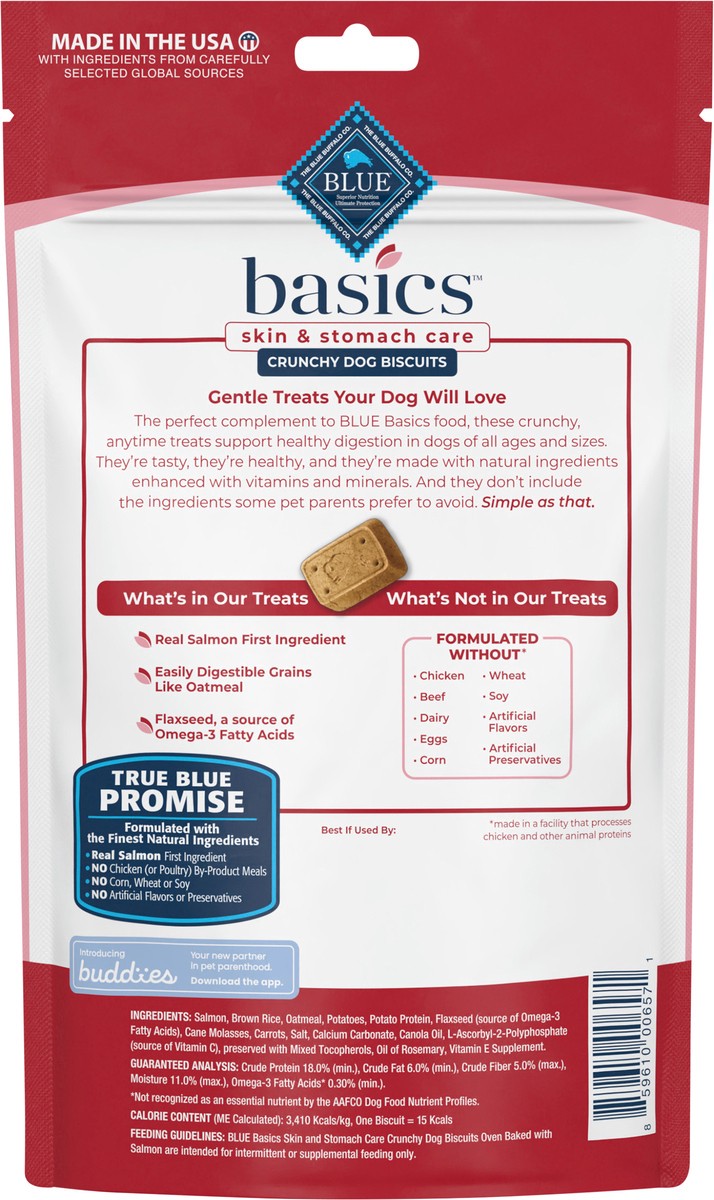 slide 4 of 9, Blue Buffalo Basics Skin & Stomach Care Biscuits Crunchy Dog Treats, Salmon & Potato 6-oz Bag, 6 oz