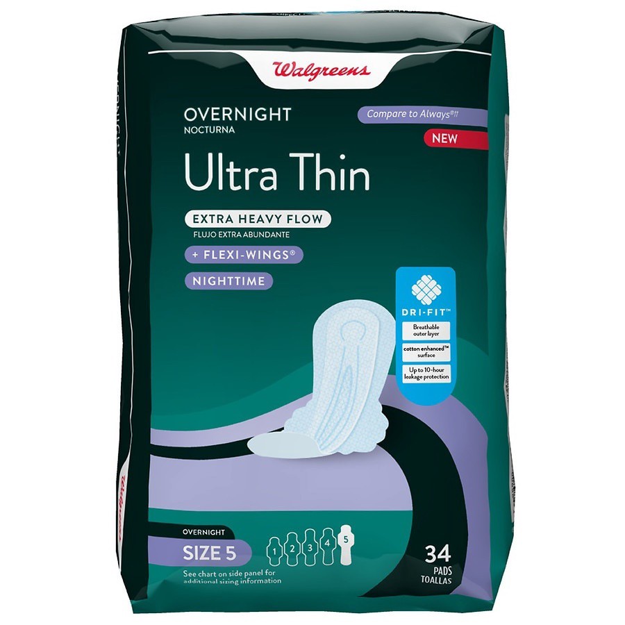 slide 1 of 5, Walgreens Ultra Thin Overnight Pads With Flexi-Wings, 34 ct