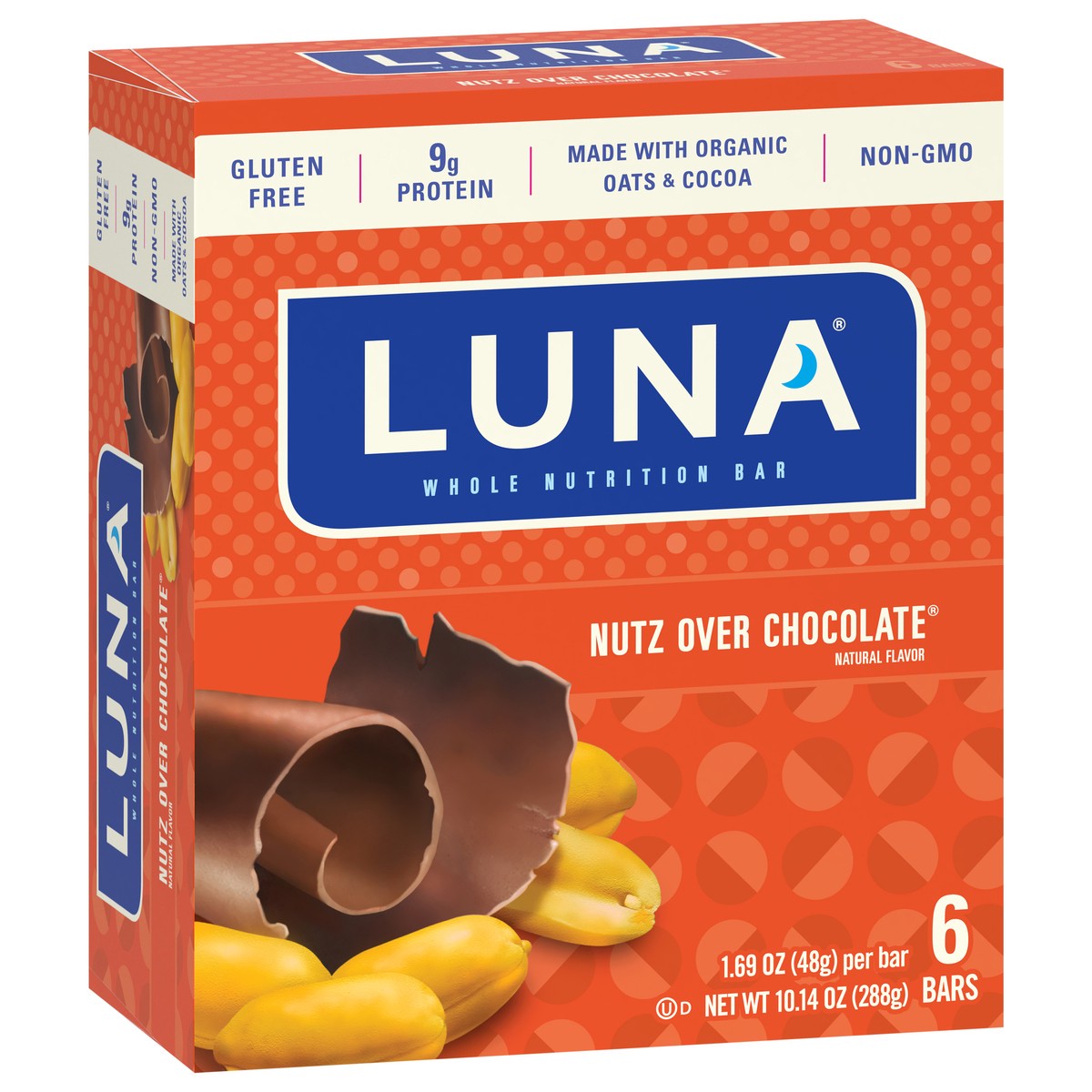 slide 2 of 9, LUNA Bar - Nutz Over Chocolate Flavor - Gluten-Free - Non-GMO - 7-9g Protein - Made with Organic Oats - Low Glycemic - Whole Nutrition Snack Bars - 1.69 oz. (6 Pack), 10.14 oz; 6 ct
