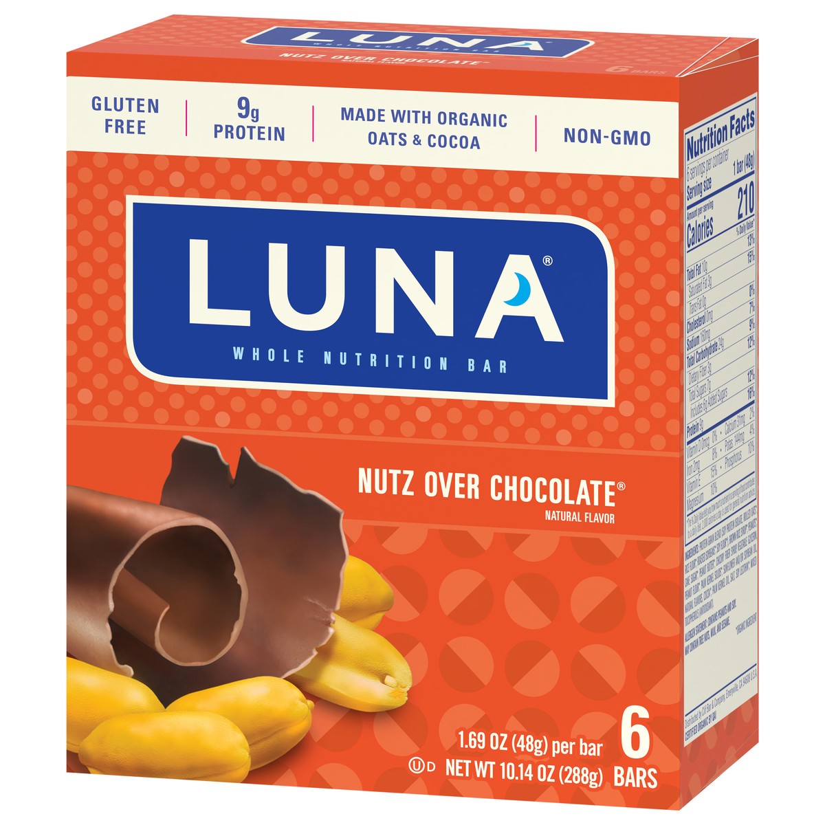slide 3 of 9, LUNA Bar - Nutz Over Chocolate Flavor - Gluten-Free - Non-GMO - 7-9g Protein - Made with Organic Oats - Low Glycemic - Whole Nutrition Snack Bars - 1.69 oz. (6 Pack), 10.14 oz; 6 ct