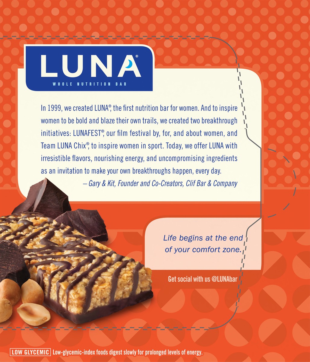 slide 5 of 9, LUNA Bar - Nutz Over Chocolate Flavor - Gluten-Free - Non-GMO - 7-9g Protein - Made with Organic Oats - Low Glycemic - Whole Nutrition Snack Bars - 1.69 oz. (6 Pack), 10.14 oz; 6 ct