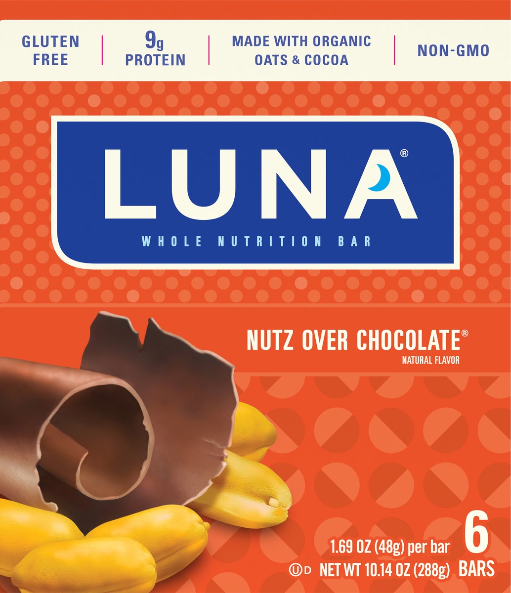 slide 6 of 9, LUNA Bar - Nutz Over Chocolate Flavor - Gluten-Free - Non-GMO - 7-9g Protein - Made with Organic Oats - Low Glycemic - Whole Nutrition Snack Bars - 1.69 oz. (6 Pack), 10.14 oz; 6 ct