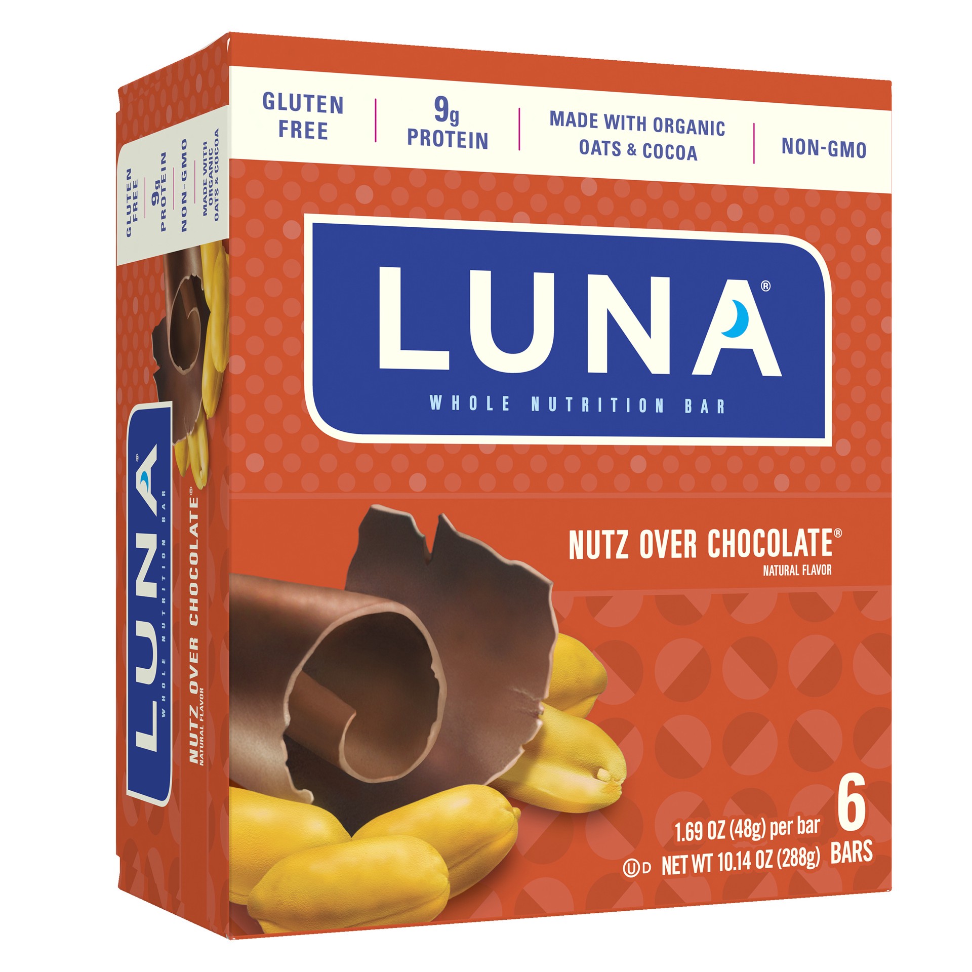 slide 1 of 9, LUNA Bar - Nutz Over Chocolate Flavor - Gluten-Free - Non-GMO - 7-9g Protein - Made with Organic Oats - Low Glycemic - Whole Nutrition Snack Bars - 1.69 oz. (6 Pack), 10.14 oz; 6 ct