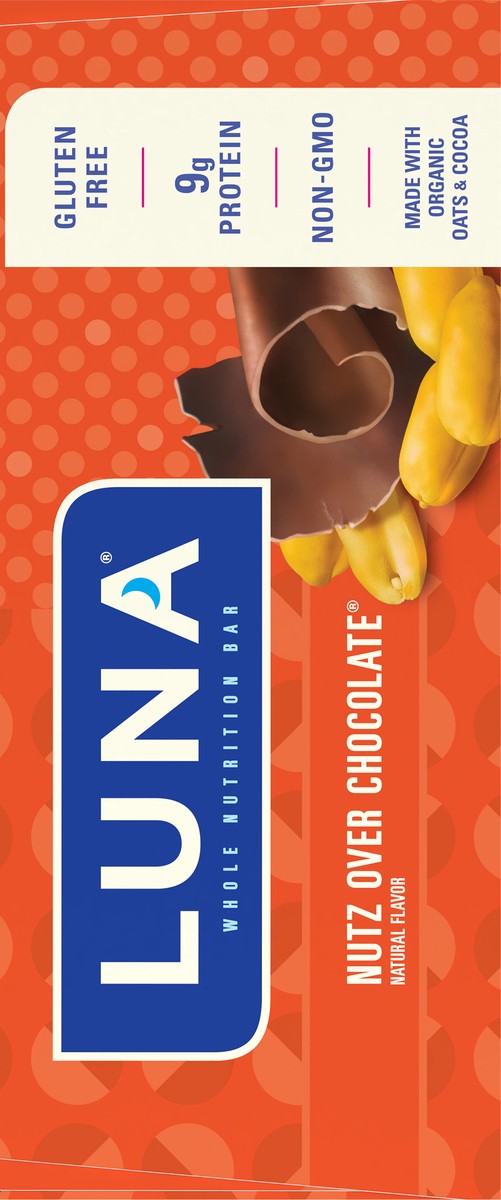 slide 7 of 9, LUNA Bar - Nutz Over Chocolate Flavor - Gluten-Free - Non-GMO - 7-9g Protein - Made with Organic Oats - Low Glycemic - Whole Nutrition Snack Bars - 1.69 oz. (6 Pack), 10.14 oz; 6 ct
