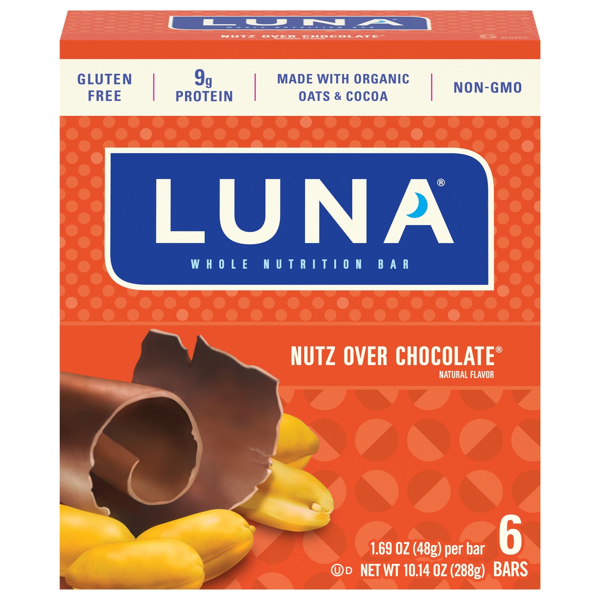 slide 1 of 9, LUNA Bar - Nutz Over Chocolate Flavor - Gluten-Free - Non-GMO - 7-9g Protein - Made with Organic Oats - Low Glycemic - Whole Nutrition Snack Bars - 1.69 oz. (6 Pack), 10.14 oz; 6 ct