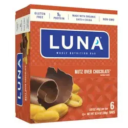 LUNA Bar - Nutz Over Chocolate Flavor - Gluten-Free - Non-GMO - 7-9g Protein - Made with Organic Oats - Low Glycemic - Whole Nutrition Snack Bars - 1.69 oz. (6 Pack)