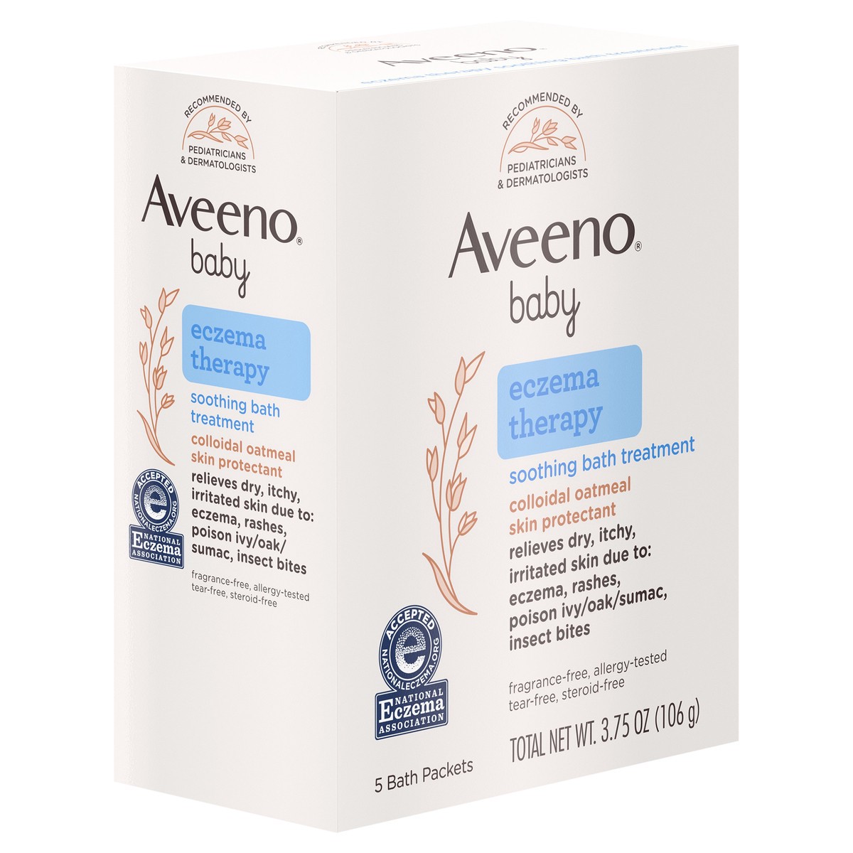 slide 8 of 8, Aveeno Eczema Therapy Soothing Bath Treatment for Relief of Dry, Itchy & Irritated Skin, Made with Natural Colloidal Oatmeal, Fragrance-, Paraben-, Steroid- & Tear-Free, 5 ct, 3.75 oz