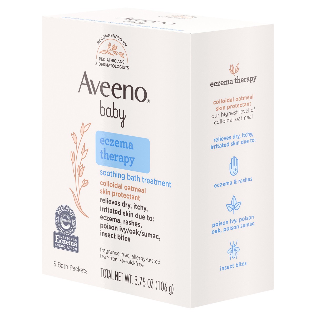 slide 4 of 8, Aveeno Eczema Therapy Soothing Bath Treatment for Relief of Dry, Itchy & Irritated Skin, Made with Natural Colloidal Oatmeal, Fragrance-, Paraben-, Steroid- & Tear-Free, 5 ct, 3.75 oz