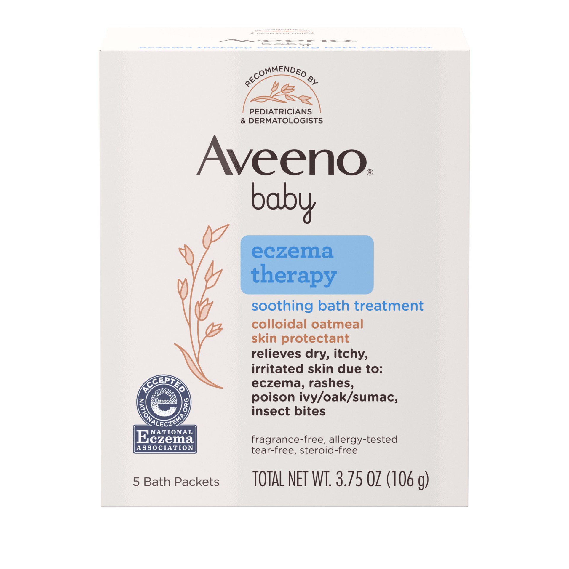 slide 1 of 8, Aveeno Eczema Therapy Soothing Bath Treatment for Relief of Dry, Itchy & Irritated Skin, Made with Natural Colloidal Oatmeal, Fragrance-, Paraben-, Steroid- & Tear-Free, 5 ct, 3.75 oz