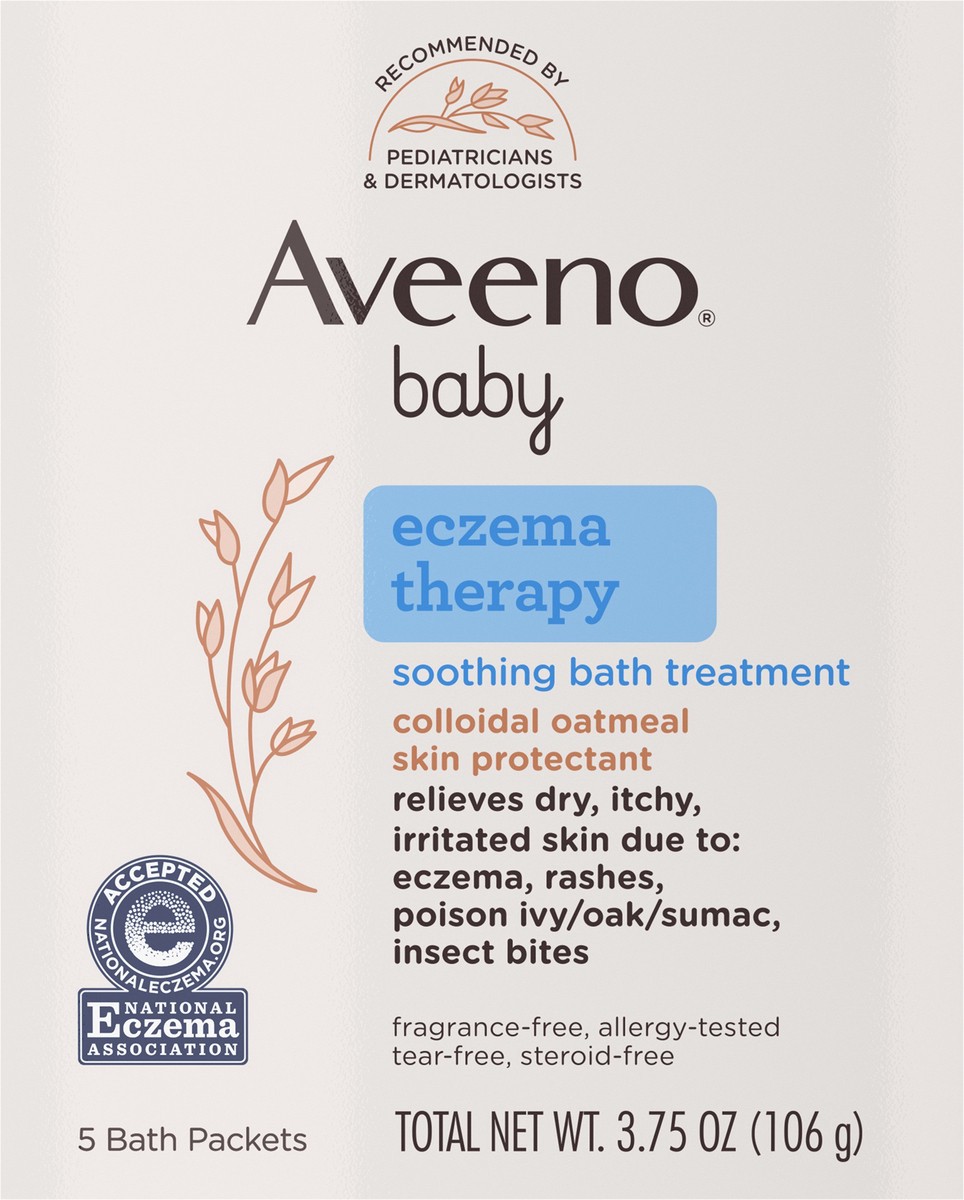 slide 6 of 8, Aveeno Eczema Therapy Soothing Bath Treatment for Relief of Dry, Itchy & Irritated Skin, Made with Natural Colloidal Oatmeal, Fragrance-, Paraben-, Steroid- & Tear-Free, 5 ct, 3.75 oz