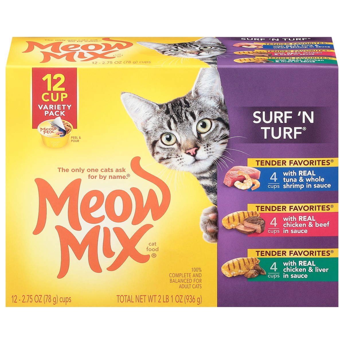slide 1 of 10, Meow Mix Tender Favorites Surf 'N Turf Cat Food Variety Pack 12 - 2.75 oz Cans, 12 ct