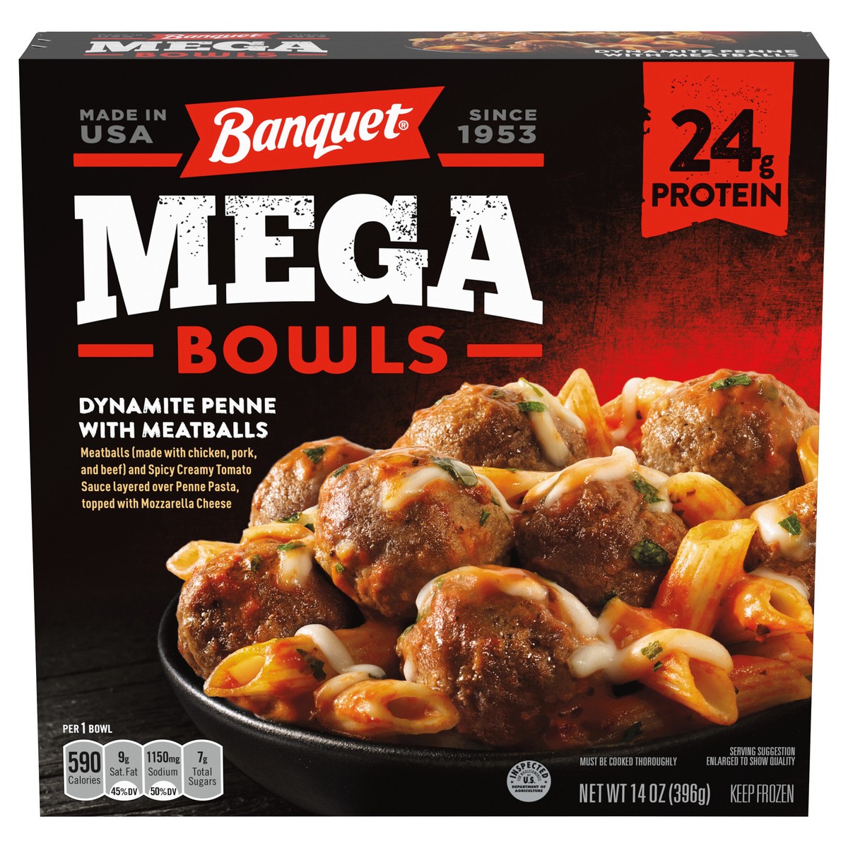 slide 1 of 5, Banquet Mega Bowls Dynamite Penne & Meatballs, 14 oz