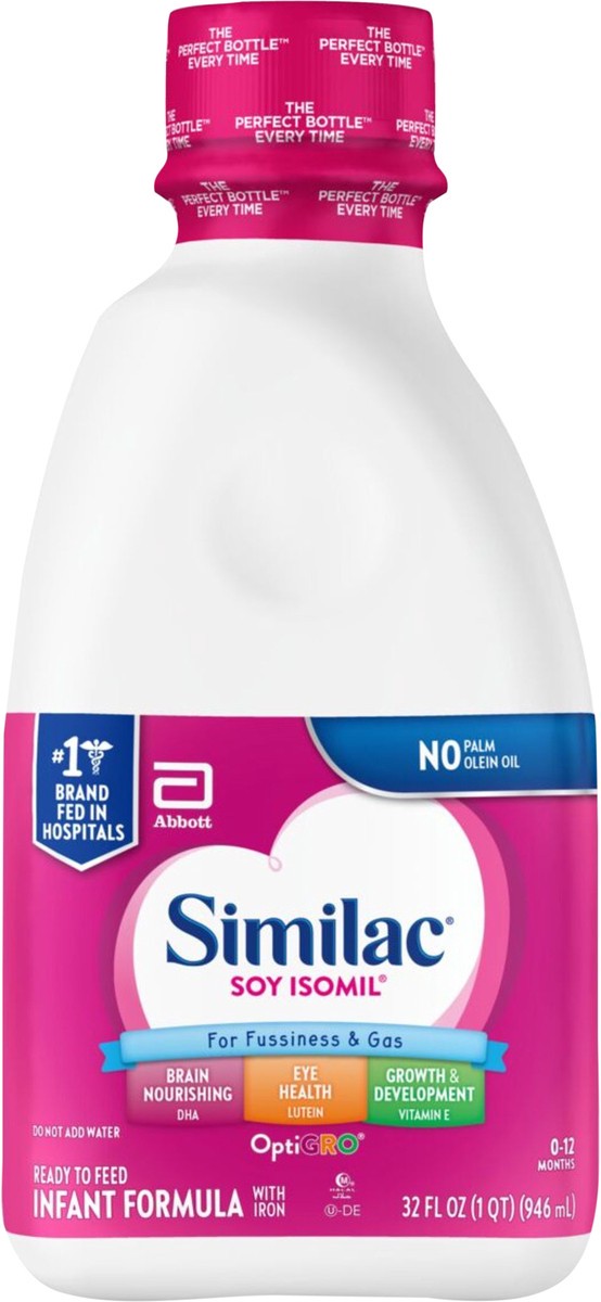 slide 4 of 5, Similac Soy Isomil For Fussiness and Gas Infant Formula with Iron Ready-to-Feed 1-1 qt Bottle, 32 fl oz