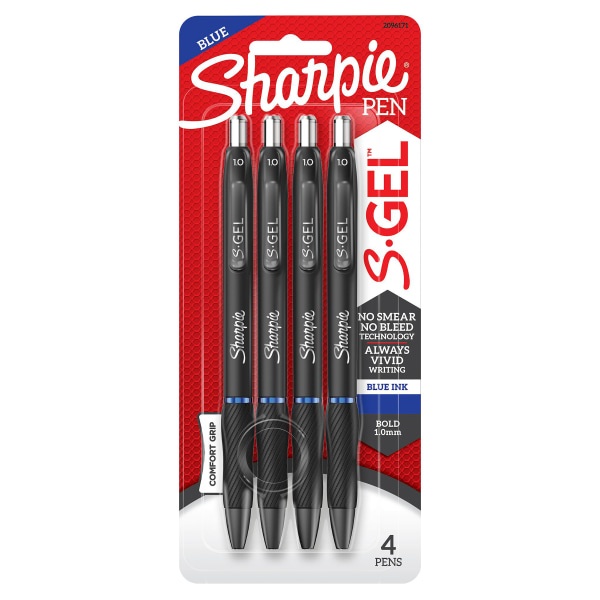 slide 1 of 7, Sharpie S Gel Pens, Medium Point, 1.0 Mm, Black Barrel, Blue Ink, Pack Of 4 Pens, 4 ct