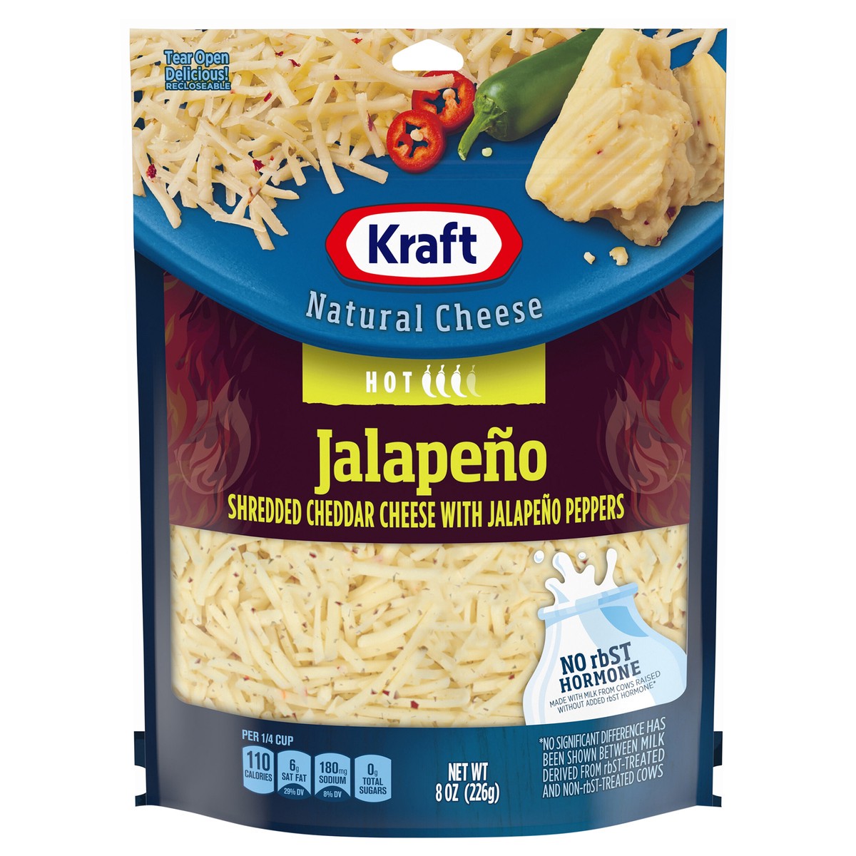 slide 1 of 8, Kraft Jalapeno Cheddar Shredded Cheese with Hot Jalapeno Peppers, 8 oz Bag, 8 oz