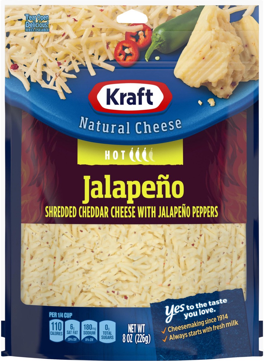 slide 3 of 8, Kraft Jalapeno Cheddar Shredded Cheese with Hot Jalapeno Peppers, 8 oz Bag, 8 oz