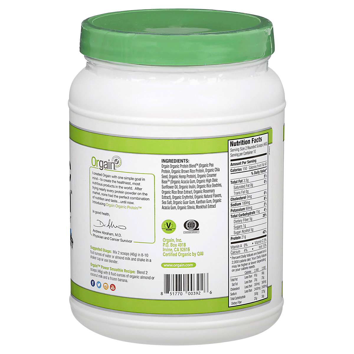 slide 16 of 101, Orgain Organic Vegan Plant Based Protein Powder - Vanilla Bean - 16.32oz, 16.32 oz