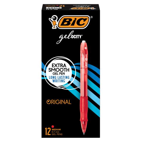 slide 1 of 5, BIC® Gel-ocity Retractable Gel Ink Rollerball Pens, Medium Point, 0.7 mm, Red Barrel, Red Ink, Pack Of 12, 12 ct