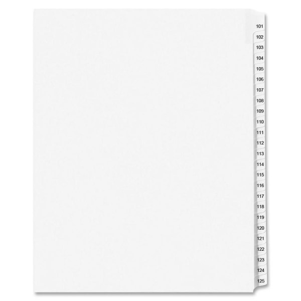slide 2 of 2, Avery Standard Unpunched Preprinted Reinforced Tab Dividers, 8.5"" x11"", 20% Post-Consumer Material, White, Tabs Printed 101-125, Pack of 25, 1 ct