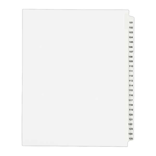 slide 1 of 2, Avery Standard Unpunched Preprinted Reinforced Tab Dividers, 8.5"" x11"", 20% Post-Consumer Material, White, Tabs Printed 101-125, Pack of 25, 1 ct