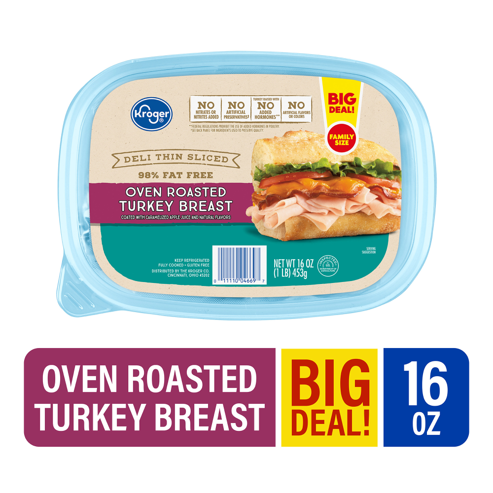 slide 1 of 3, Kroger Deli Thin Sliced 98% Fat Free Oven Roasted Turkey Breast, 1 lb