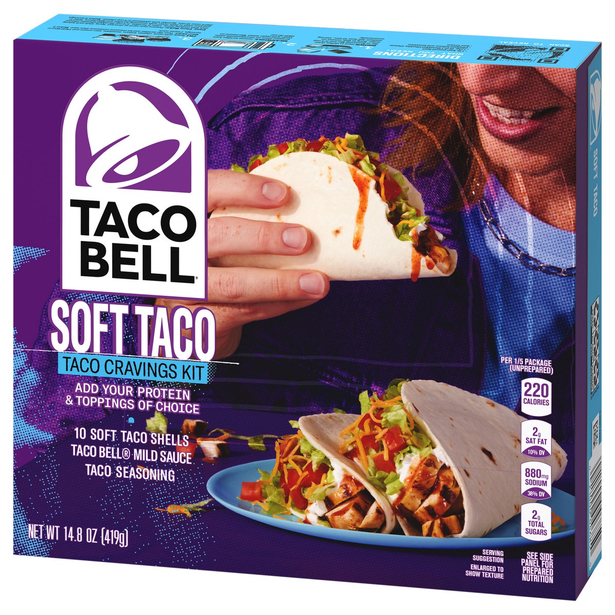 slide 2 of 4, Taco Bell Soft Taco Cravings Kit with 10 Soft Tortillas, Taco Bell Mild Sauce & Seasoning, 14.8 oz Box, 14.8 oz