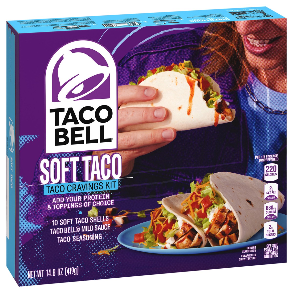 slide 4 of 4, Taco Bell Soft Taco Cravings Kit with 10 Soft Tortillas, Taco Bell Mild Sauce & Seasoning, 14.8 oz Box, 14.8 oz