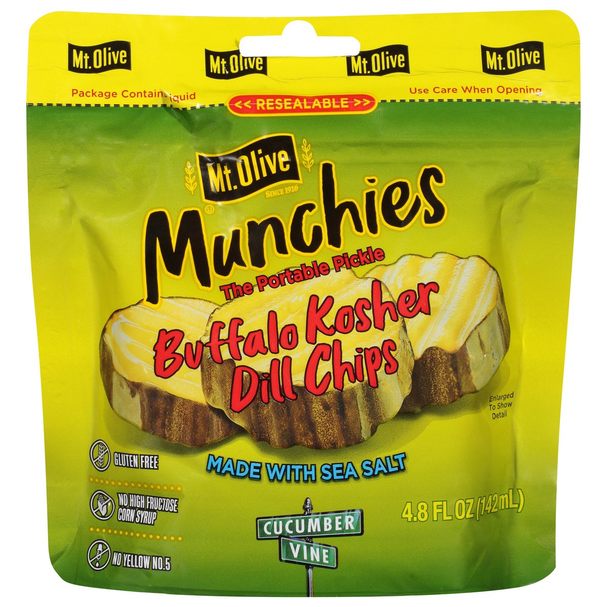 slide 1 of 9, Mt. Olive Munchies Buffalo Kosher Dill Chips Pickles 4.8 fl oz Pouch, 4.8 oz