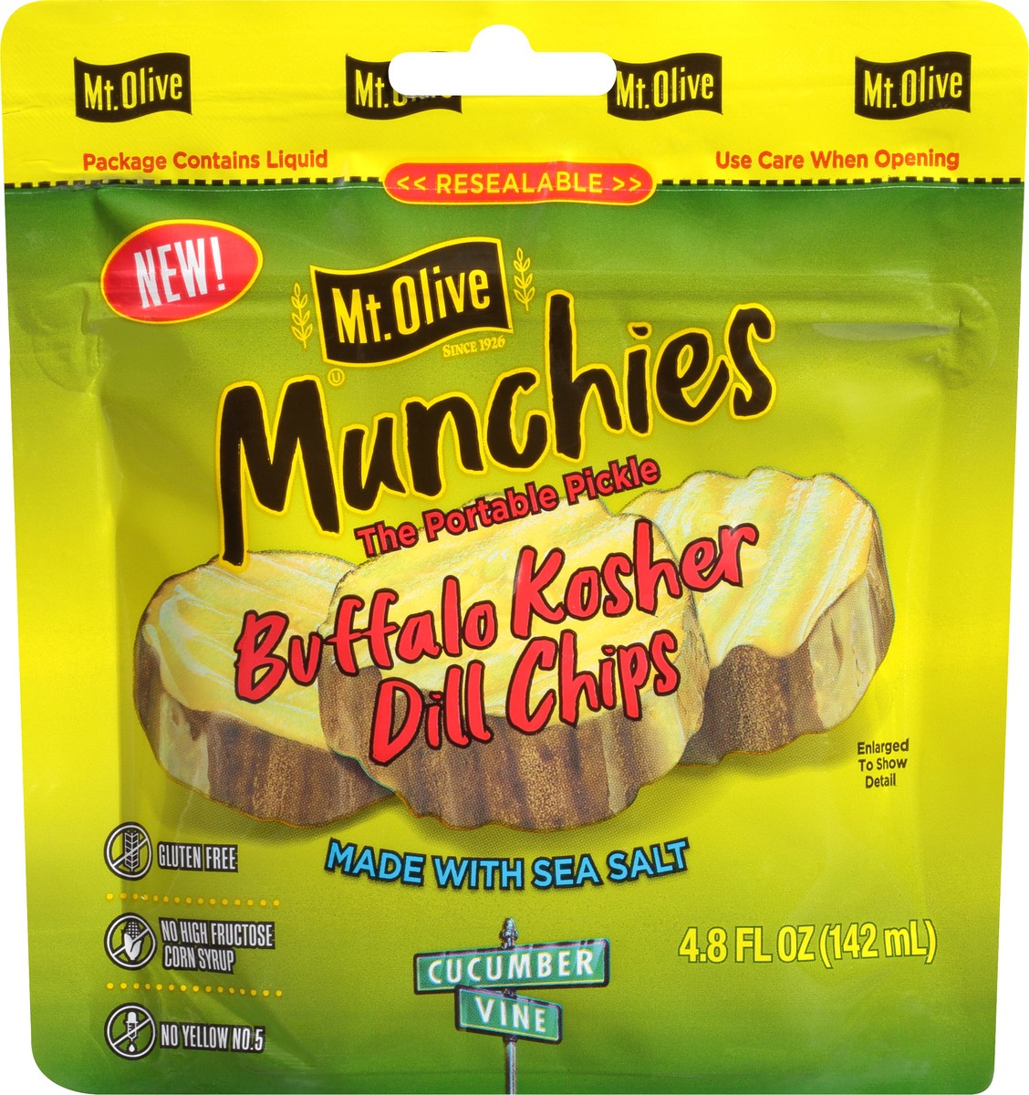 slide 5 of 9, Mt. Olive Munchies Buffalo Kosher Dill Chips Pickles 4.8 fl oz Pouch, 4.8 oz