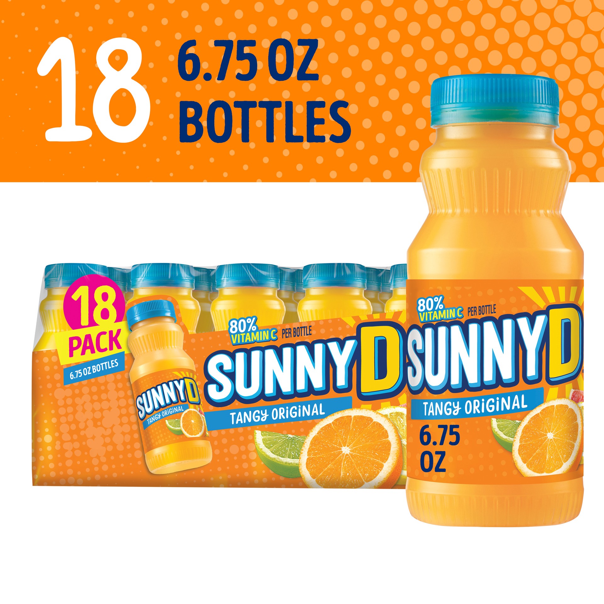 slide 1 of 9, SUNNYD Tangy Original Shelf Stable Orange Juice Drink, 18 Count, 6.75 fl oz Bottles, 6.75 fl oz