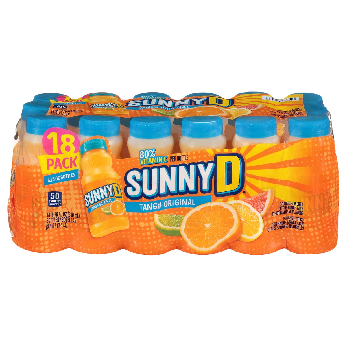 slide 1 of 9, Sunny D Tangy Original Orange Juice Drink, 18 Count, 6.75 fl oz Bottles, 6.75 fl oz