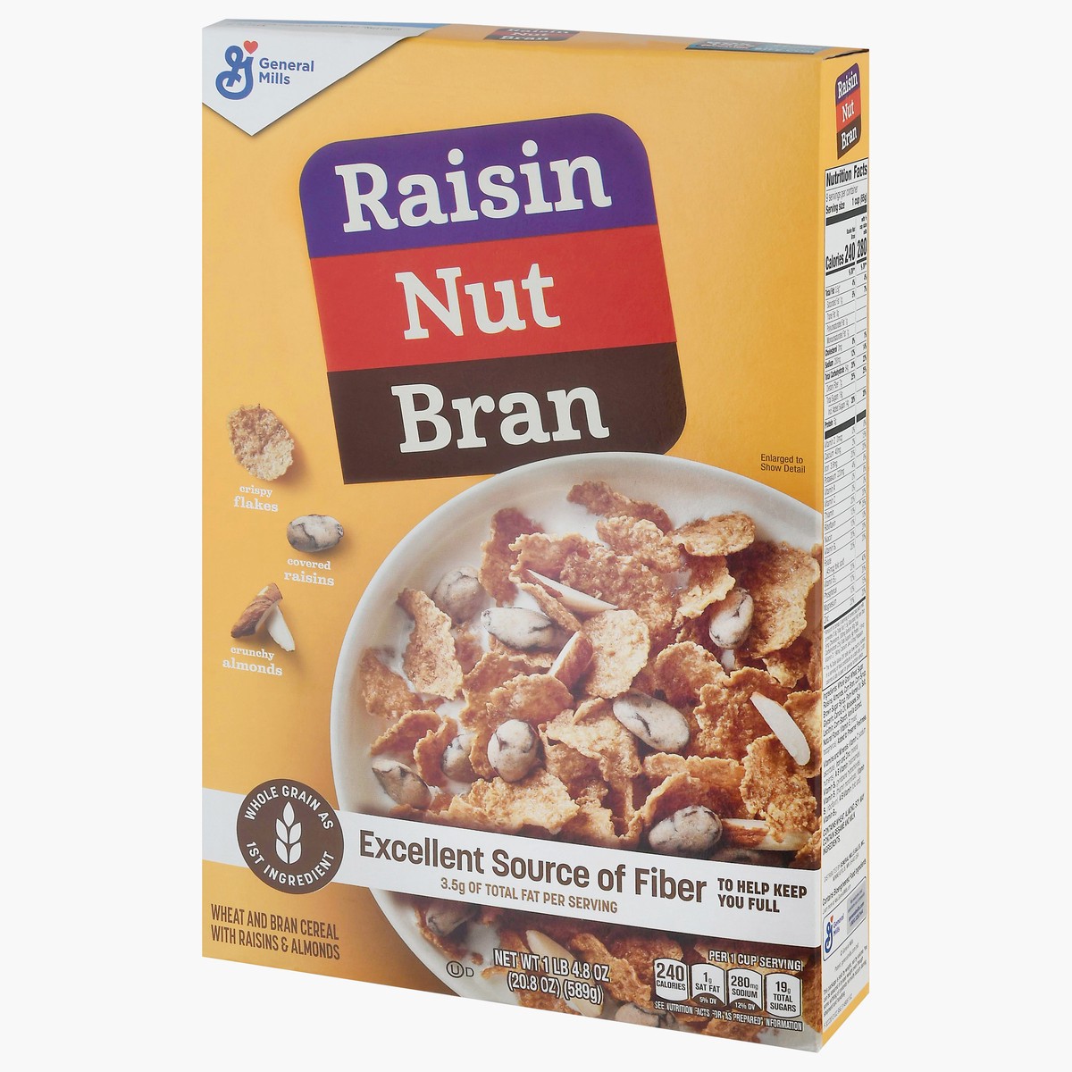 slide 3 of 11, 	
Raisin Nut Bran Breakfast Cereal, Coated Raisins, Almonds, Excellent Source Fiber, 20.8 oz, 17.1 oz