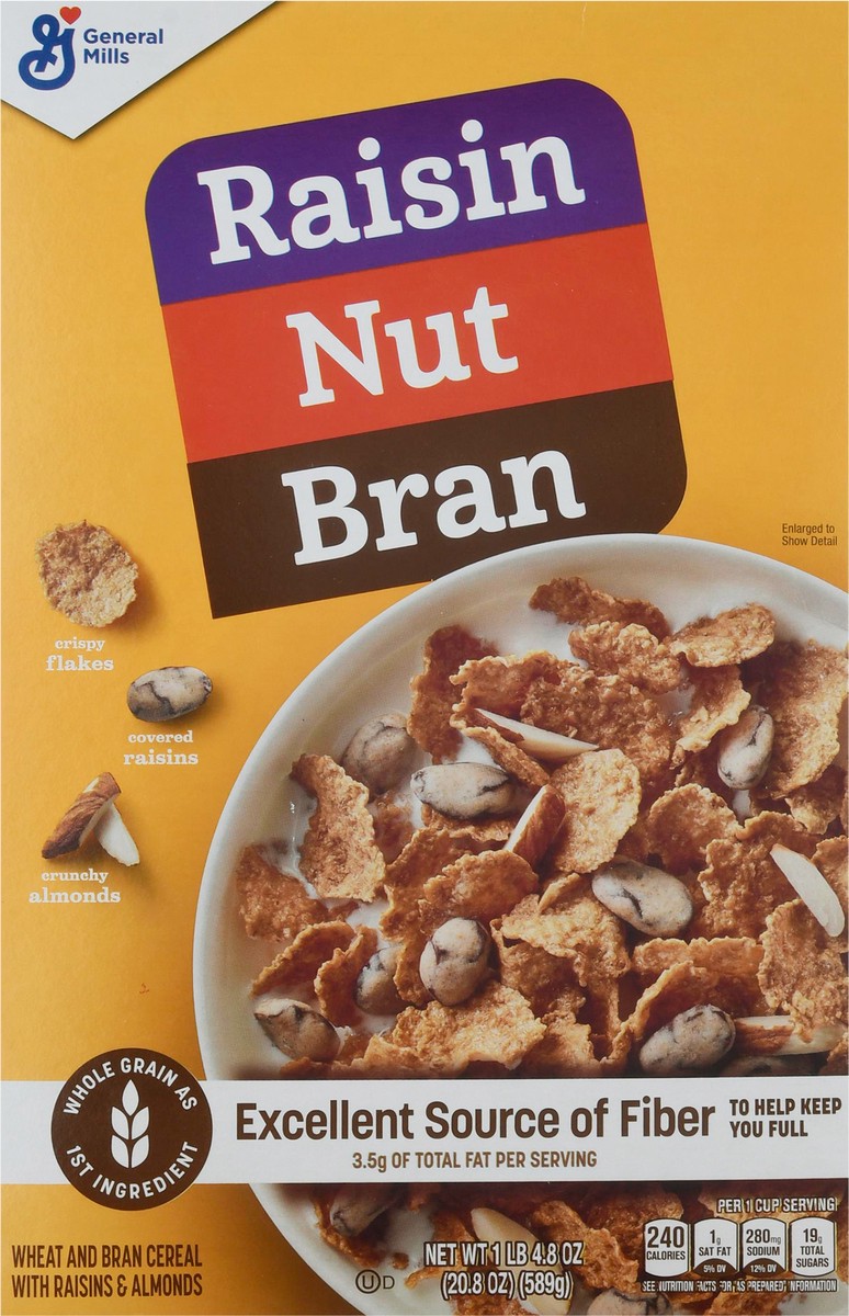 slide 9 of 11, 	
Raisin Nut Bran Breakfast Cereal, Coated Raisins, Almonds, Excellent Source Fiber, 20.8 oz, 17.1 oz