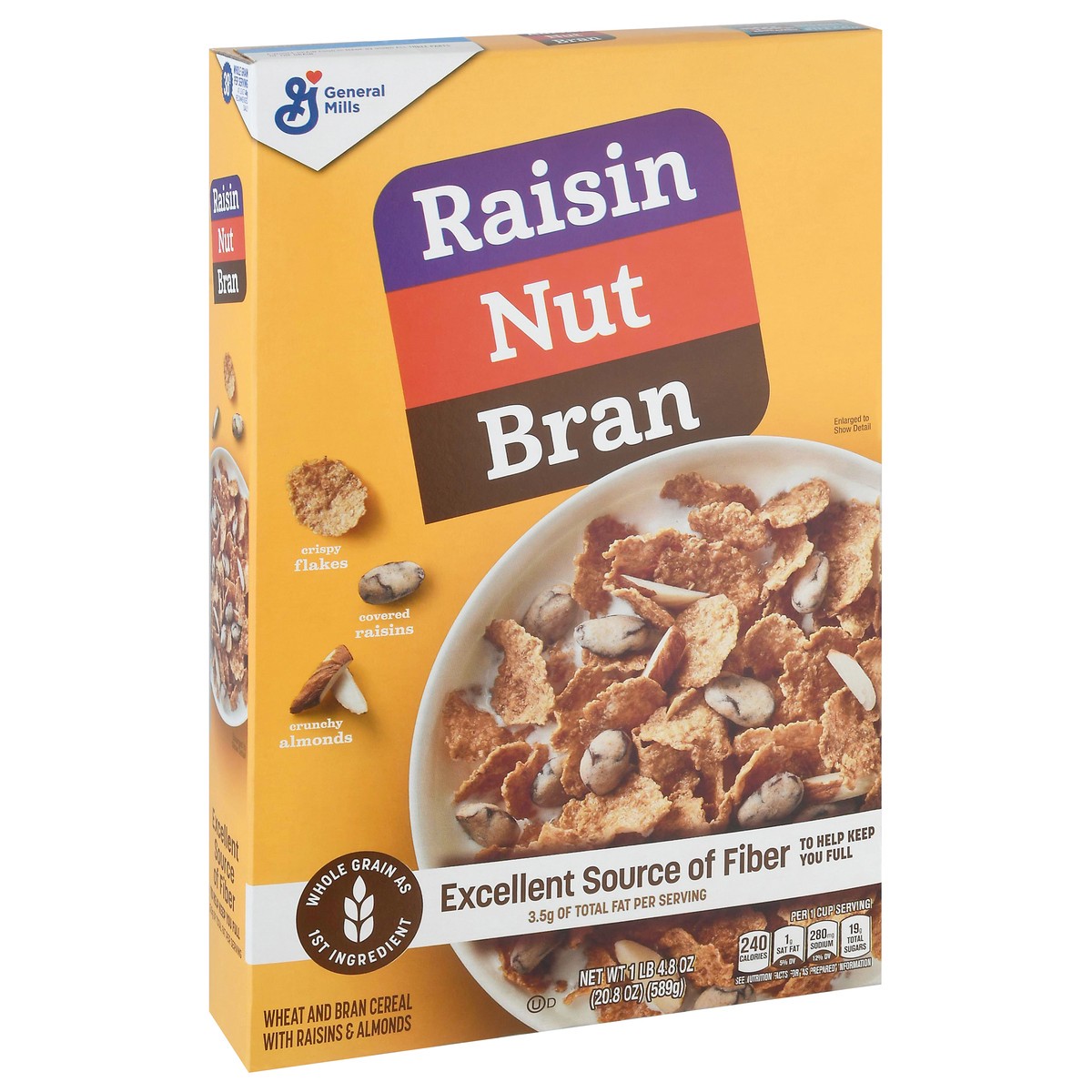 slide 11 of 11, 	
Raisin Nut Bran Breakfast Cereal, Coated Raisins, Almonds, Excellent Source Fiber, 20.8 oz, 17.1 oz
