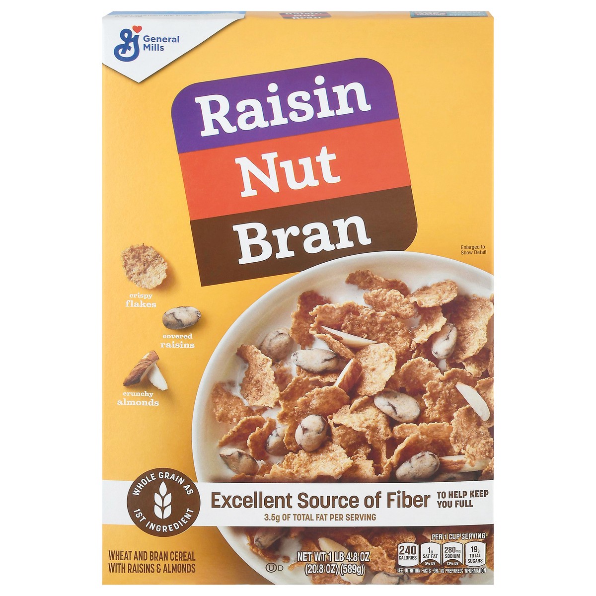 slide 1 of 11, 	
Raisin Nut Bran Breakfast Cereal, Coated Raisins, Almonds, Excellent Source Fiber, 20.8 oz, 17.1 oz